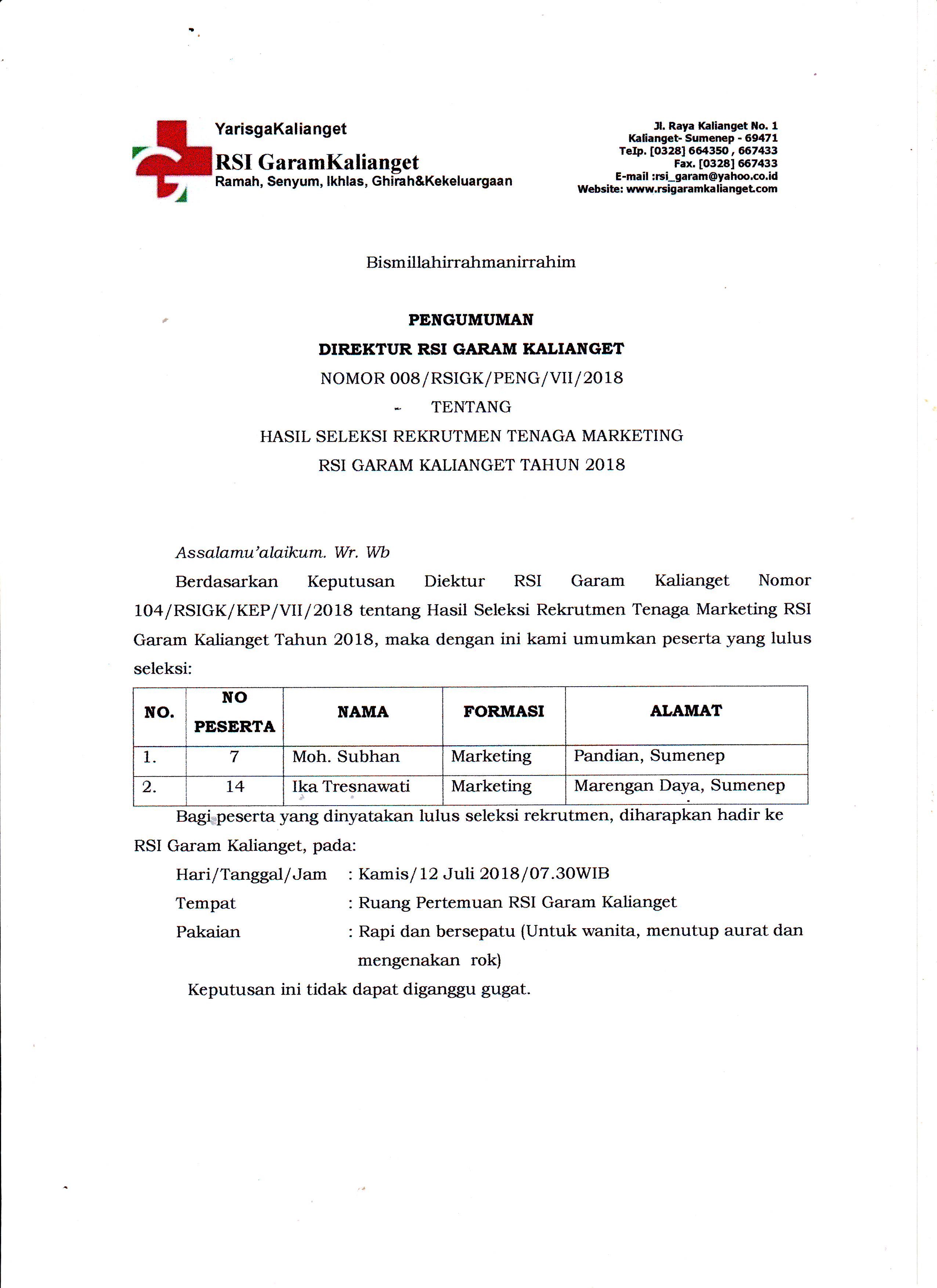 PENGUMUMAN HASIL REKRUTMEN MARKETING