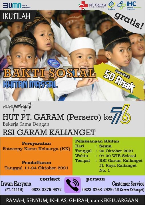 BAKSOS KHITANAN MASSAL MEMPERINGATI HUT PT GARAM KE-76 BEKERJASAMA DENGAN RSI GARAM KALIANGET