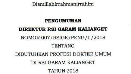 REKRUTMEN PROFESI DOKTER UMUM DI RSI GARAM KALIANGET