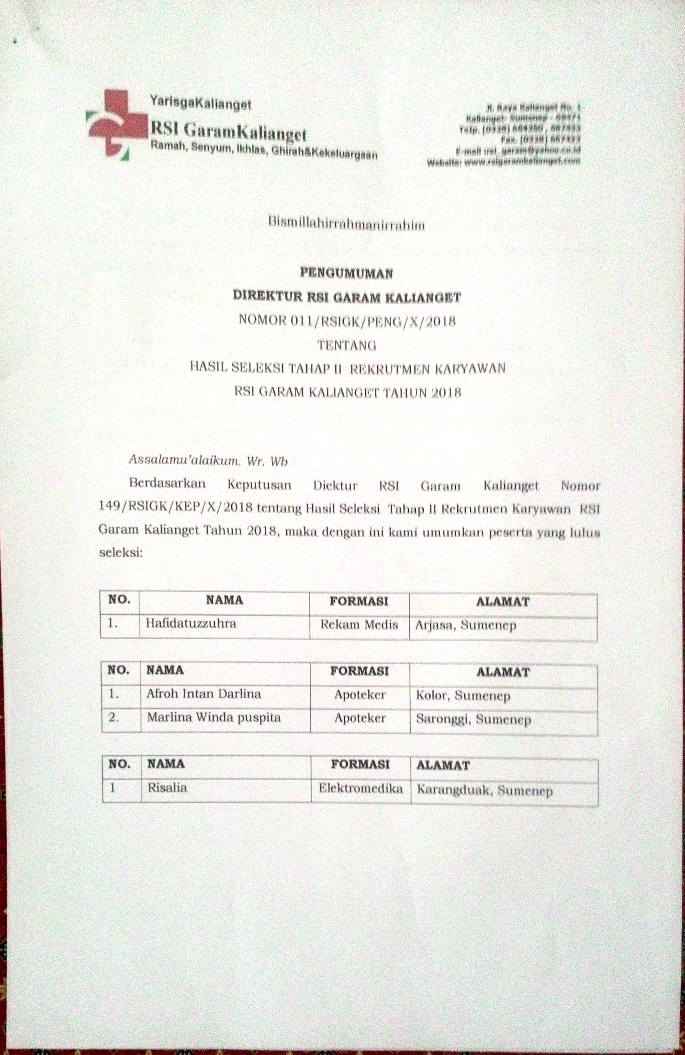 Hasil Seleksi Tahap II Rekrutmen Karyawan RSIGK 2018
