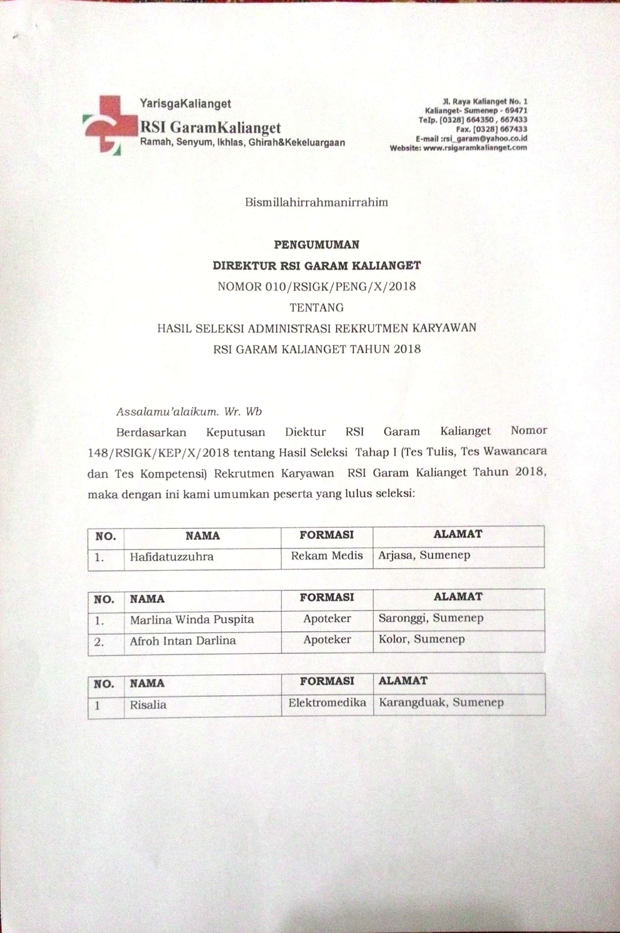 Hasil Seleksi Tahap I (Tes Tulis, Tes Wawancara, dan Tes Kompetensi) Rekrutmen Karyawan RSIGK 2018