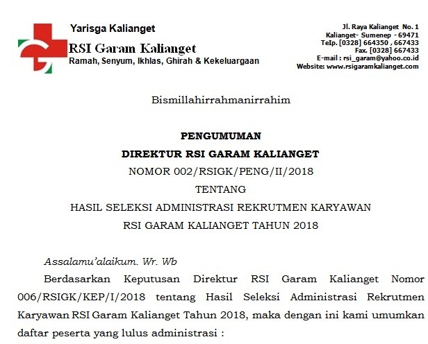 HASIL SELEKSI ADMINISTRASI REKRUTMEN KARYAWAN RSI GARAM KALIANGET TAHUN 2018